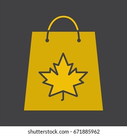 Autumn shopping glyph color icon. Shopping bag with maple leaf. Silhouette symbol on black background. Negative space. Vector illustration