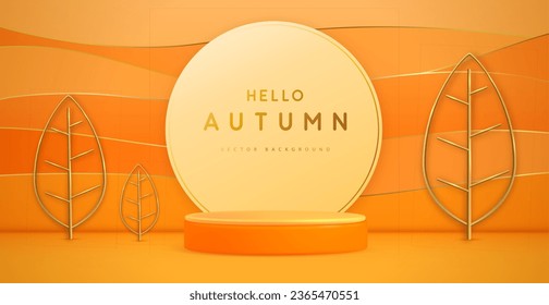 Autumn showcase background with 3d podium, autumn leaves and wave texture. Vector illustration