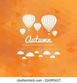 Autumn sign with umbrellas and hot air balloons, orange geometric background