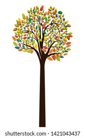 Autumn silhouette of a tree with colored leaves. Tree with roots. Isolated on white background. Vector Illustration