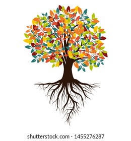 Autumn silhouette of a tree with colored leaves. Tree with roots. Isolated on white background. Retro 80's style colors. Vector Illustration.