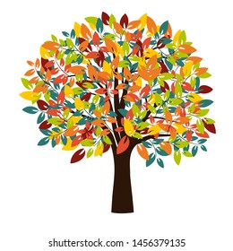 Autumn silhouette of a tree with colored leaves. Tree with roots. Isolated on white background. Retro 80's style colors. Vector Illustration.