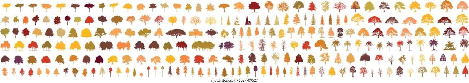 autumn silhouette tree line drawing set, Side view, set of graphics trees elements outline symbol for architecture and landscape design drawing. Vector illustration in stroke fill in white. Tropical