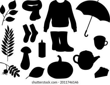 Autumn silhouettes vector illustration. Leaves mushrooms pumpkins graphics