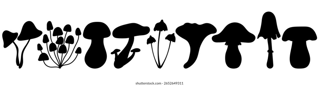 Outono. Silhuetas de coleção de cogumelos selvagens, conjunto de ícones de vetor de fungos pretos, elementos de design de plantas florestais para botânica, natureza ou conceitos de outono, estilo desenhado à mão minimalista