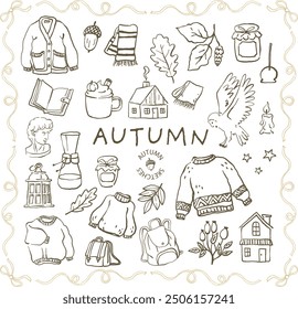 Autumn simple line sketches set