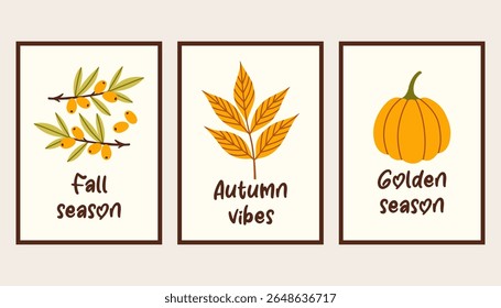 Autumn simple poster set. Fall flyer doodle set. Vectical banner autumn elements. Autumn interior design poster, end of season promo template. Vector illustration.