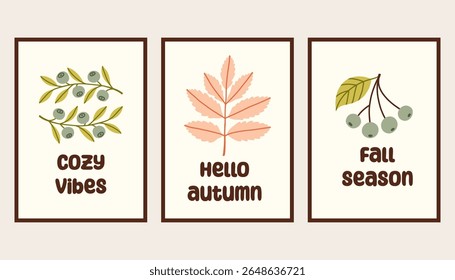 Autumn simple poster set. Fall flyer doodle set. Vectical banner autumn elements. Autumn interior design poster, end of season promo template. Vector illustration.