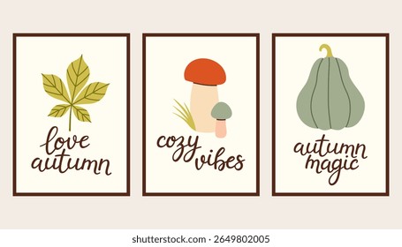 Autumn simple poster set. Fall flyer doodle set. Vectical banner autumn elements. Autumn interior design poster, end of season promo template. Vector illustration.