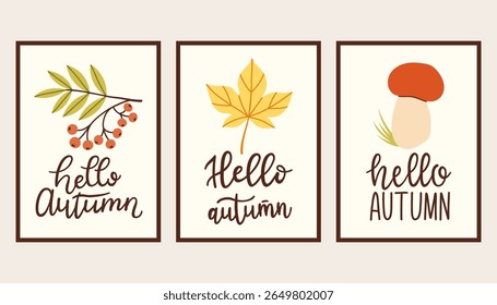 Autumn simple poster set. Fall flyer doodle set. Vectical banner autumn elements. Autumn interior design poster, end of season promo template. Vector illustration.