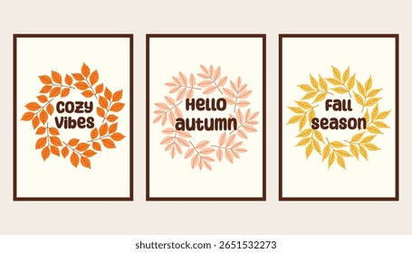 Poster simples de outono. Jogo de doodle de panfleto de outono. Elementos de outono com banner vertical. Cartaz de design de interiores de outono, modelo promocional de fim de temporada. Ilustração vetorial.