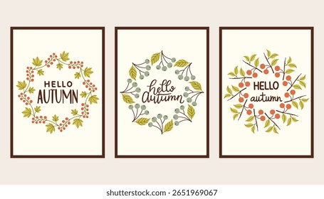Autumn simple poster set. Fall flyer doodle set. Vectical banner autumn elements. Autumn interior design poster, end of season promo template. Vector illustration.