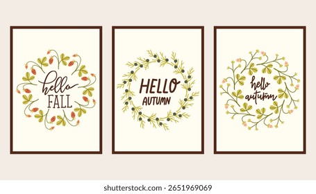 Conjunto de póster simple de otoño. Conjunto de doodle de volante de otoño. Elementos de otoño de Anuncio vectorial. Cartel del diseño interior del otoño, fin de la Plantilla de la promoción de la temporada. Ilustración vectorial.