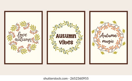 Autumn simple poster set. Fall flyer doodle set. Vectical banner autumn elements. Autumn interior design poster, end of season promo template. Vector illustration.