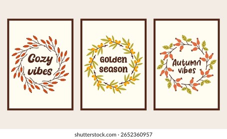 Autumn simple poster set. Fall flyer doodle set. Vectical banner autumn elements. Autumn interior design poster, end of season promo template. Vector illustration.