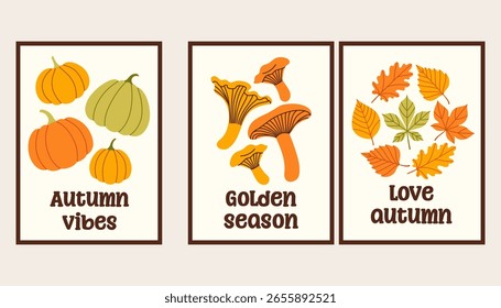 Autumn simple poster set. Fall flyer doodle set. Vectical banner autumn elements. Autumn interior design poster, end of season promo template. Vector illustration.