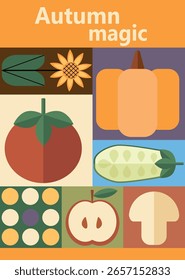 Autumn simple poster set. Autumn flyer set of designs Scandinavian mosaic. Banner autumn elements in Bauhaus style. Autumn design poster. Vector illustration.