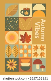 Conjunto de póster simple de otoño. Conjunto de volantes de otoño de diseños de mosaico escandinavo. Elementos de otoño de Anuncio en estilo Bauhaus. Cartel de diseño de otoño. Ilustración vectorial.
