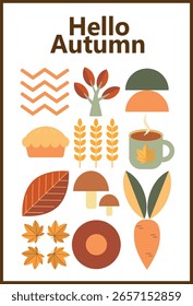 Conjunto de póster simple de otoño. Conjunto de volantes de otoño de diseños de mosaico escandinavo. Elementos de otoño de Anuncio en estilo Bauhaus. Cartel de diseño de otoño. Ilustración vectorial.