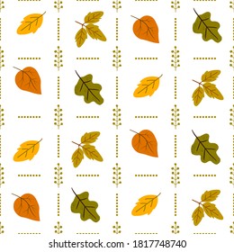 autumn simple primitive geometric seamless pattern with vector fallen leaves of orange yellow trees on white background. Thanksgiving Day. postcard printing, cover, paper, textile design