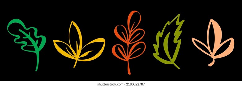 Autumn simple set. Fall leaves and berries. Nature symbol line art collection isolated on black background.