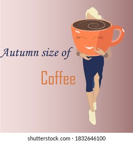 Autumn size of coffee, illustration, vector, Girl with cup of hot drink, fashion inspiration