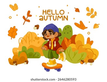 Autumn Skater Kid Illustration. Cute cartoon child riding a skateboard surrounded by autumn leaves, bushes, mushrooms and colorful trees. Flat style with warm seasonal palette.