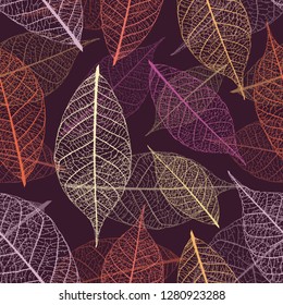 Autumn skeleton leaves vector seamless pattern