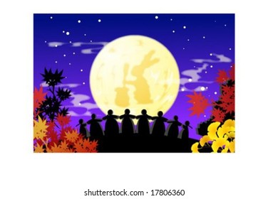 Autumn Sketch - happy females dancing Ganggangsulrae at beautiful night : vector illustration