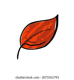 Autumn sketch red ink leaf. Hand-drawn color textured herb, a twig on white background. Doodle plant image. Nature, gardening, forest, fall sign. Ecology symbol. Vector botanical season illustration
