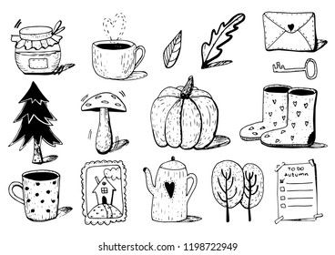 Autumn skeych, vector set consists of: jam jar, cup, teapot, letter, leaf, mushroom boots, trees and key