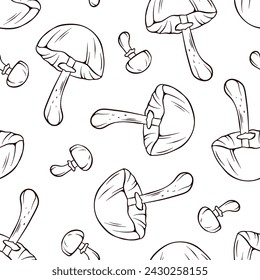 Autumn Skullcap inedible mushroom seamless pattern in line art style. Design for wrapping paper, fabric, design. Vector illustration on a white background.