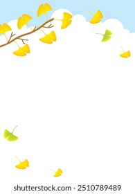 Autumn sky with falling ginkgo leaves border background graphic illustration