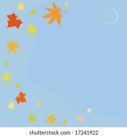 The autumn sky with the moon and falling leaves