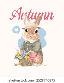 autumn slogan with cute bunny carrying colorful flowers basket vector illustration