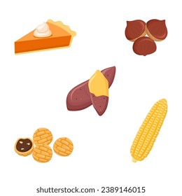 Autumn snack clipart. Sweet pumpkin pie, walnut cookies, corn, chestnut, sweet potato