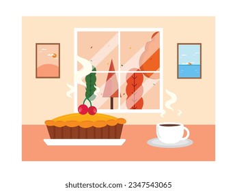 Autumn snacks, pies and hot coffee are perfect to enjoy while warming up. Home interior with window looking at trees outside. Background design. Vector flat illustration