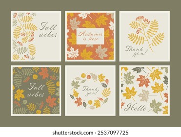 Banner set de outono nas mídias sociais. Coleção de cartões comemorativos de Ação de Graças. Fundo natureza férias com folhas de outono para post quadrado. Cartaz de Boho com ilustração desenhada à mão.