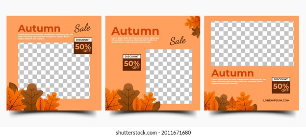 Autumn social media post template collection. Square banner with autumn leaves illustration.