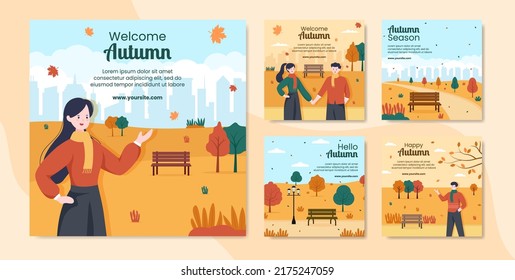 Autumn Social Media Post Template Flat Cartoon Background Vector Illustration