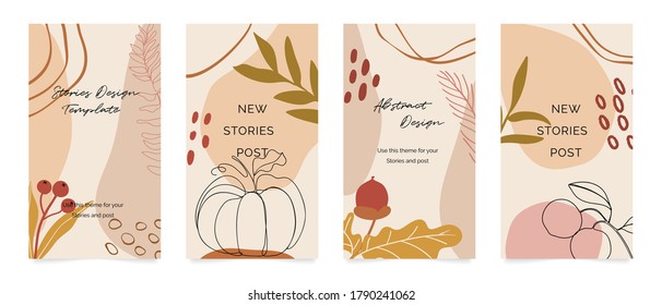 Autumn Social media stories and post template vector set. Cover background with Abstract shape and floral.  Autumn sale banner Vector illustration.