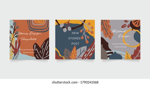 Autumn Social media stories and post template vector set. Cover background with Abstract shape and floral.  Autumn sale banner Vector illustration.