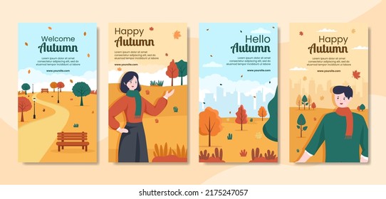 Autumn Social Media Stories Template Flat Cartoon Background Vector Illustration