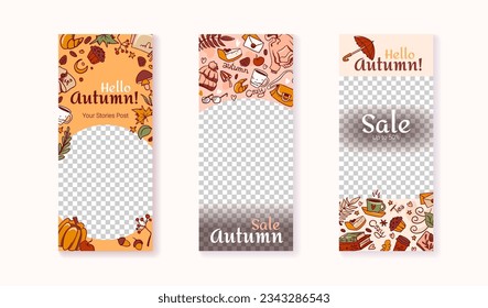 Autumn social media templates with doodle objects, leaves, coffee, tea, mushrooms. Vector illustration with floral elements for sale banner, invitation, advertisement, cover, greeting card, media post
