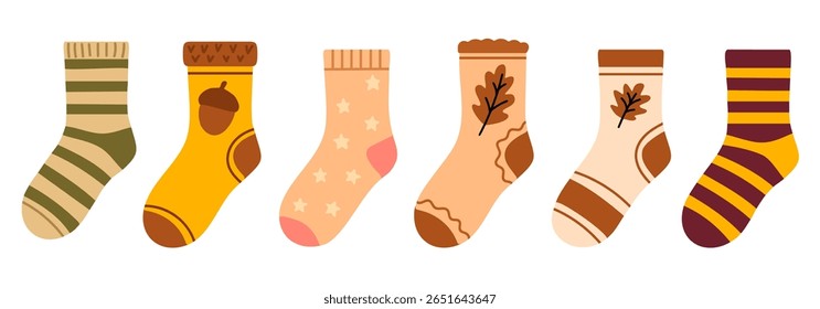 Autumn sock collection featuring striped and plain socks with leaf, acorn and star motifs