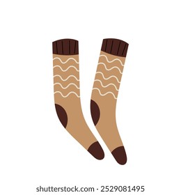 Calcetín de otoño. Ropa cálida y acogedora. Calcetines de punto. Calcetines cálidos de invierno u otoño. Ropa, accesorios. Temporada agradable. Ilustración plana sobre un fondo blanco.