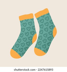 Autumn socks icon. Green element of clothing with minimalistic hearts. Warm things for children, women and men. Fashion and trend. Poster or banner for website. Cartoon flat vector illustration