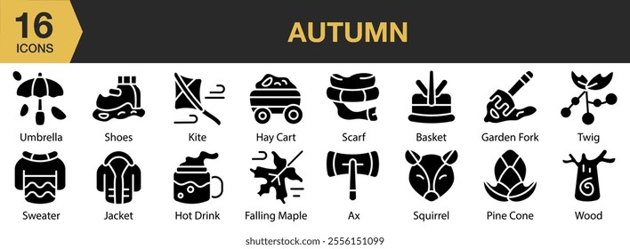 Autumn solid icon set. Includes cart, scarf, basket, axe, pine cone, wood, garden fork, and More. Solid icons vector collection.