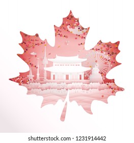 Autumn in South Korea with season concept for travel postcard, poster, tour advertising of world famous landmarks in paper cut style. Vector illustration.