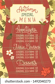 Autumn Special Menu A4 list. Cute, cosy, festive menu with fallen leaves, natural decoration, handwritten calligraphy text. Vector Isolated graphic design illustration. Picnic, plaid, flower, mushroom